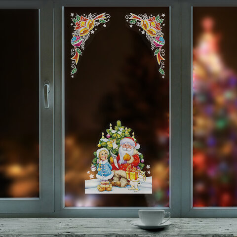 Украшение для окон и стекла ЗОЛОТАЯ СКАЗКА "Дед Мороз и Снегурочка", 30х38 см, ПВХ, 591183