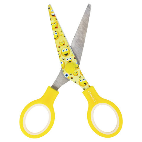 Ножницы BRAUBERG "Kid Series", 130 мм, с цветной печатью "Смайлики", жёлто-белые, 232274
