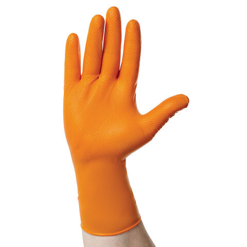 Перчатки нитриловые повышенной прочности с удлиненной манжетой, КОМПЛЕКТ 25 пар, размер L (большой), E-DUO, оранжевые, E105-0x-Orange
