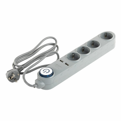 Сетевой фильтр SONNEN DX04, 4 розетки, 2 USB-порта, с заземлением, 10 А, 1,5 м, серый, 513493