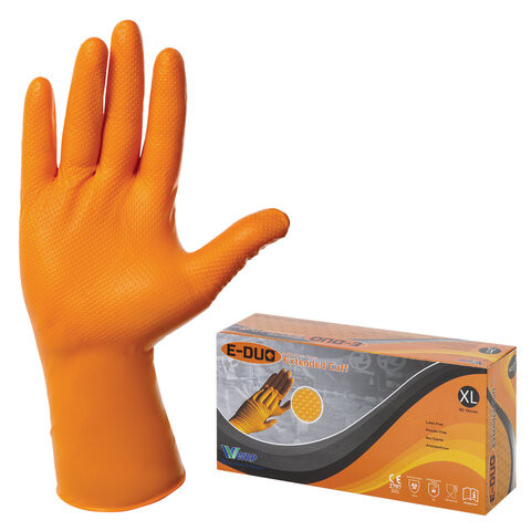 Перчатки нитриловые повышенной прочности с удлиненной манжетой, КОМПЛЕКТ 25 пар, размер XL (очень большой), E-DUO, оранжевые, E105-0x-Orange