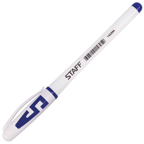 Ручка гелевая с грипом STAFF, СИНЯЯ, корпус белый, игольчатый узел 0,5 мм, линия письма 0,35 мм, 142394