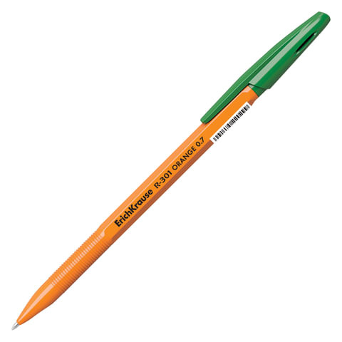 Ручка шариковая ERICH KRAUSE "R-301 Orange", ЗЕЛЕНАЯ, корпус оранжевый, узел 0,7 мм, линия письма 0,35 мм, 43197