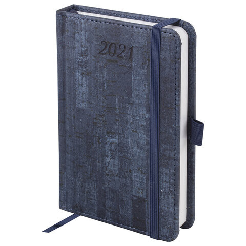 Ежедневник датированный 2021 МАЛЫЙ ФОРМАТ (100х150 мм) А6, BRAUBERG "Wood", кожзам, держатель для ручки, синий, 111427