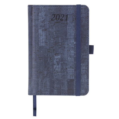 Ежедневник датированный 2021 МАЛЫЙ ФОРМАТ (100х150 мм) А6, BRAUBERG "Wood", кожзам, держатель для ручки, синий, 111427