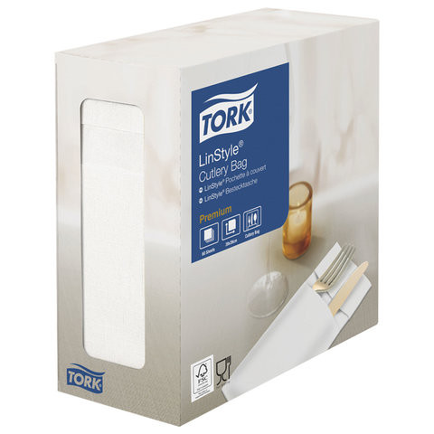 Конверты бумажные нетканые для столовых приборов TORK "LinStyle Premium", 39х39 см, 60 шт., белые, 477227