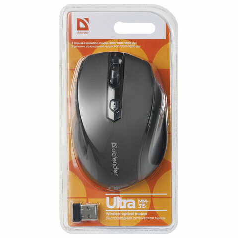 Мышь беспроводная DEFENDER Ultra MM-315, USB, 5 кнопок + 1 колесо-кнопка, оптическая, черная, 52315