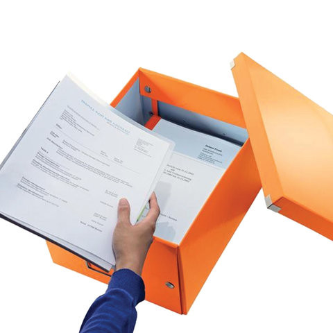 Короб архивный LEITZ "Click & Store" M, 200х280х370 мм, ламинированный картон, разборный, оранжевый, 60440044