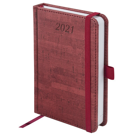 Ежедневник датированный 2021 МАЛЫЙ ФОРМАТ (100х150 мм) А6, BRAUBERG "Wood", кожзам, держатель для ручки, бордовый, 111428