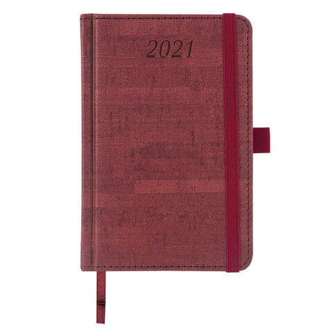 Ежедневник датированный 2021 МАЛЫЙ ФОРМАТ (100х150 мм) А6, BRAUBERG "Wood", кожзам, держатель для ручки, бордовый, 111428
