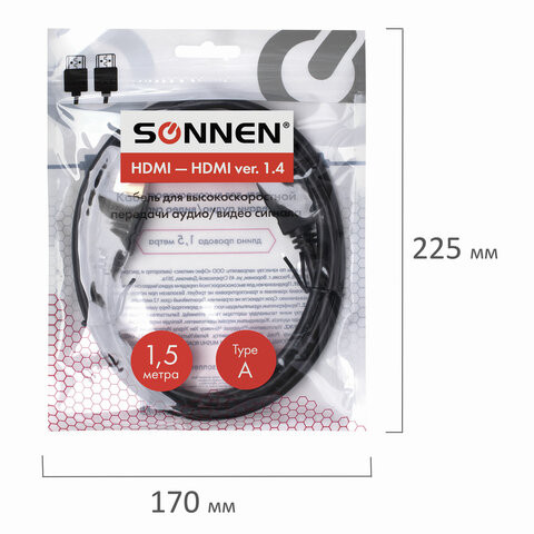 Кабель HDMI AM-AM, 1,5 м, SONNEN, для передачи цифрового аудио-видео, черный, 513120