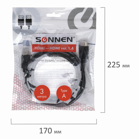 Кабель HDMI AM-AM, 3 м, SONNEN, для передачи цифрового аудио-видео, черный, 513121