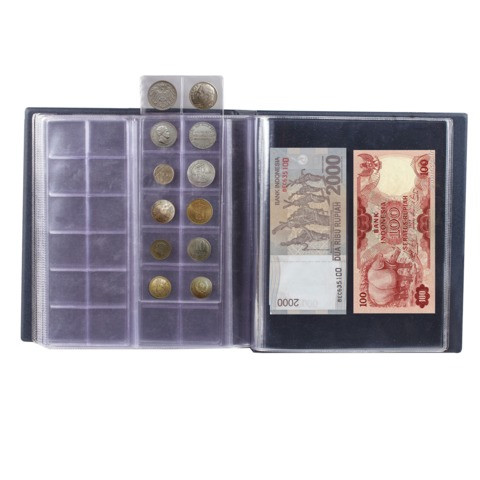Альбом для монет и купюр на винтах универсальный, 224х224 мм, на 216 монет до D-45 мм, выдвижные карманы, синий, "ДПС", 2855-201