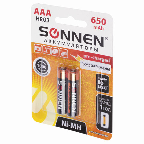 Батарейки аккумуляторные SONNEN, ААА (HR03), Ni-Mh, 650 mAh, 2 шт., в блистере, 454236