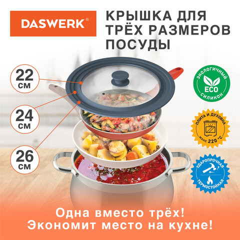 Крышка для любой сковороды и кастрюли универсальная 3 размера (22-24-26 см) антрацит, DASWERK, 607586