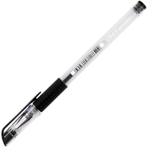 Ручка гелевая с грипом STAFF, ЧЕРНАЯ, корпус прозрачный, узел 0,5 мм, линия письма 0,35 мм, 141823