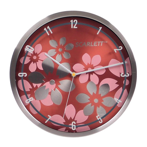 Часы настенные SCARLETT SC-33B, круг, коричневые с цветочным рисунком, серебристая рамка, 30x30x5,2 см, SC - 33B
