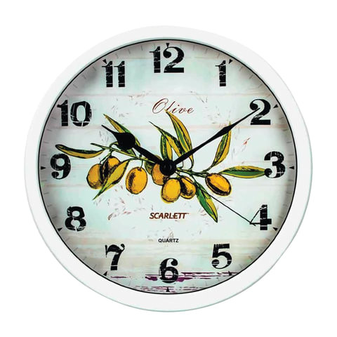 Часы настенные SCARLETT SC-WC1005K, круг, белые с рисунком "Олива", белая рамка, 31x31x5,2 см, SC - WC1005K