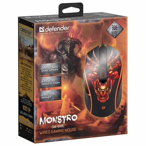 Мышь проводная игровая DEFENDER Monstro GM-510L, USB, 5 кнопок + 1 колесо-кнопка, оптическая, черная, 52510