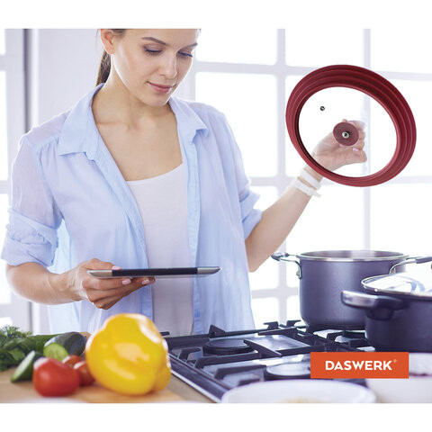 Крышка для любой сковороды и кастрюли универсальная 3 размера (24-26-28 см) бордовая, DASWERK, 607590