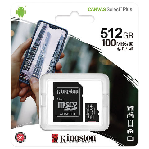 Карта памяти microSDXC 512 GB KINGSTON Canvas Select Plus UHS-I U3,100 Мб/с (class 10), адаптер, SDCS2/512GB