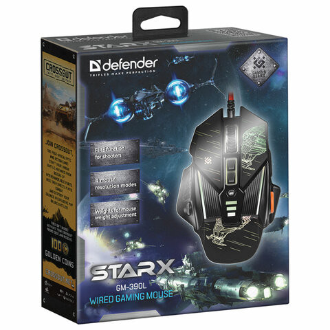 Мышь проводная игровая DEFENDER sTarx GM-390L, USB, 7 кнопок+1 колесо-кнопка, оптическая, черная, 52390