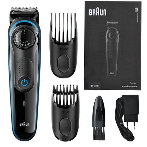Триммер для бороды и усов BRAUN BT3040, 39 настроек длины (1-20 мм), сеть+аккумулятор, черный/синий