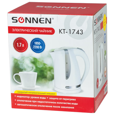Чайник SONNEN KT-1743, 1,7 л, 2200 Вт, закрытый нагревательный элемент, пластик, белый, 453414