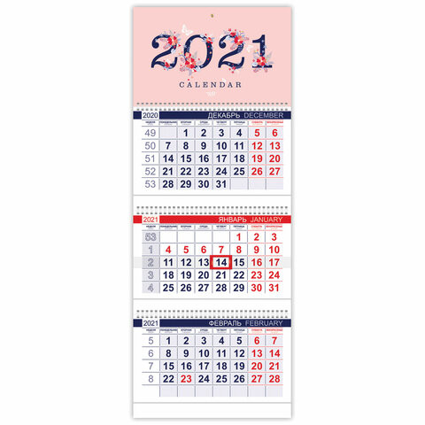 Календарь квартальный с бегунком, 2021 год, 3-х блочный, 3 гребня, "ОФИС", "Нежные цветочки", HATBER, 3Кв3гр3_23509