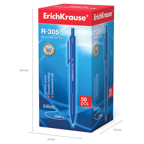 Ручка шариковая автоматическая ERICH KRAUSE "R-305", СИНЯЯ, корпус синий, узел 0,7 мм, линия письма 0,35 мм, 39055