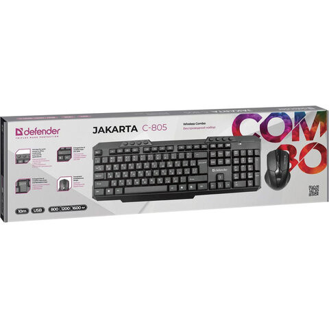 Набор беспроводной DEFENDER Jakarta C-805,клавиатура, мышь 3 кнопки+1 колесо-кнопка, черный, 45805, 45805 