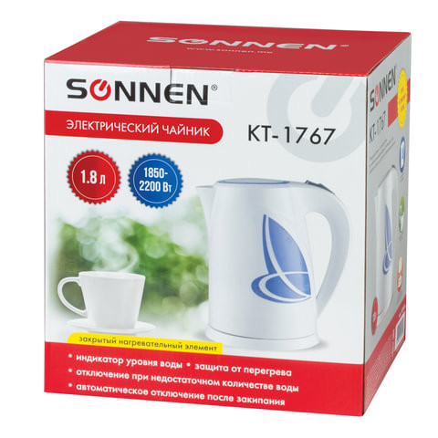 Чайник SONNEN KT-1767, 1,8 л, 2200 Вт, закрытый нагревательный элемент, пластик, белый/синий, 453416