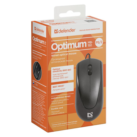 Мышь проводная DEFENDER Optimum MB-150, РАЗЪЕМ PS/2, 2 кнопки + 1 колесо-кнопка, оптическая, черная, 52150