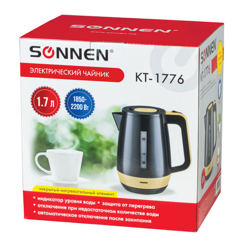 Чайник SONNEN KT-1776, 1,7 л, 2200 Вт, закрытый нагревательный элемент, пластик, черный/горчичный, 453418