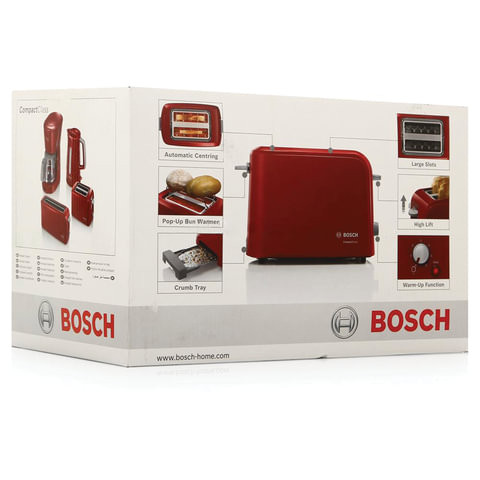 Тостер BOSCH TAT3A014, 900 Вт, 2 тоста, разморозка, подогрев, решетка для булочек, пластик, красный