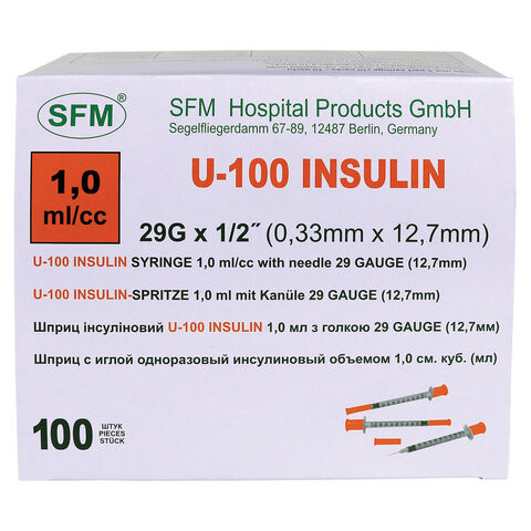 Шприц инсулиновый SFM, 1 мл, КОМПЛЕКТ 10 шт., пакет, U-100 игла несъемная 0,33х12,7 мм - 29G, 534250