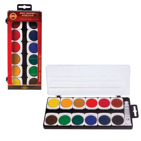 Краски акварельные художественные KOH-I-NOOR, 12 цветов, лессировочные (прозрачные), без кисти, 017550500000