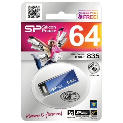 Флеш-диск 64 GB, SILICON POWER Touch 835, USB 2.0, металлический корпус, синий, SP64GBUF2835V1B