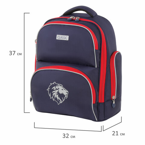 Рюкзак BRAUBERG CLASSIC, легкий каркас, премиум материал, "Lion", синий, 37х32х21 см, 228829
