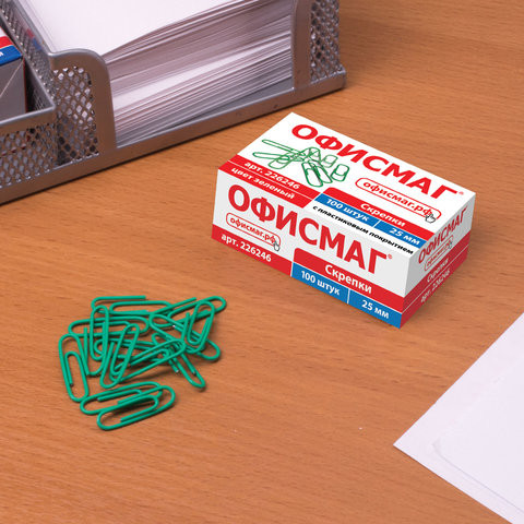 Скрепки ОФИСМАГ, 25 мм, зеленые, 100 шт., в картонной коробке, 226246