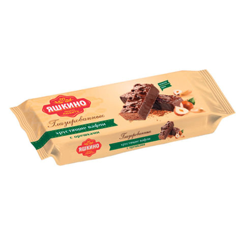 Вафли ЯШКИНО "Глазированные с орешками", с какао, фундуком и арахисом, 200 г, ЯВ218