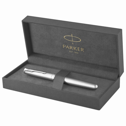 Ручка перьевая PARKER "Sonnet Sand Blasted Stainless Steel", корпус серебристый, нержавеющая сталь, черная, 2146873