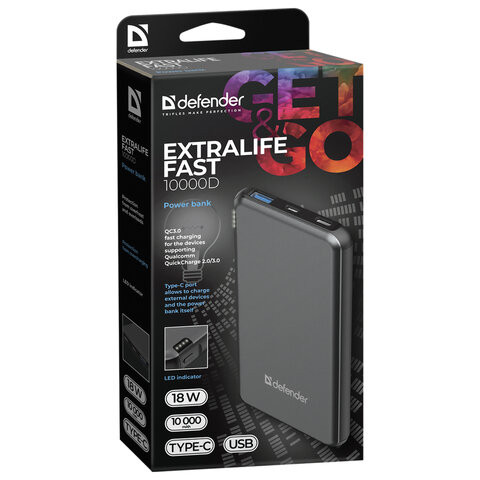 Аккумулятор внешний DEFENDER EXTRALIFE Fast 10000D, 10000 mAh, 1 USB/1 Type-C, Li-pol, серый, 83664