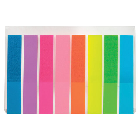 Закладки клейкие BRAUBERG НЕОНОВЫЕ, пластиковые, 45х8 мм, 8 цветов х 20 листов, в пластиковой книжке, 126699