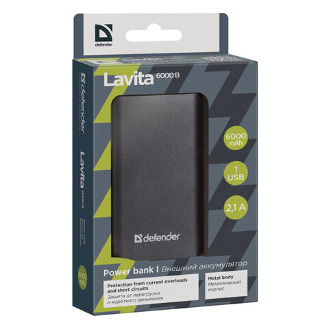 Аккумулятор внешний DEFENDER LAVITA 6000B, 6000 mAh, 1 USB, Li-iom, черный, 83616