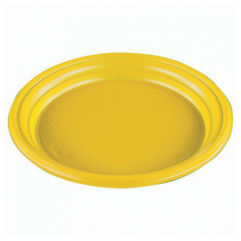 Одноразовые тарелки плоские, КОМПЛЕКТ 100 шт, пластиковые, d=165 мм, "ЭКОНОМ", ЖЕЛТЫЕ, полистирол(ПС), холодное/горяч, СТИРОЛПЛАСТ