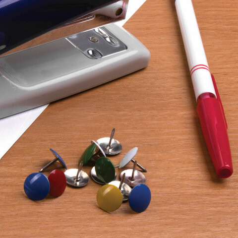 Кнопки канцелярские BRAUBERG, металлические, цветные, 10 мм, 50 шт., в картонной коробке, 220554