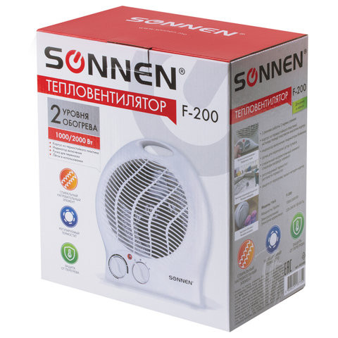 Тепловентилятор SONNEN F-200, 1000/2000 Вт, 2 режима работы, белый, 453493