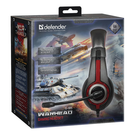 Наушники с микрофоном (гарнитура) DEFENDER Warhead G-185, проводные, 2 м, стерео, чёрно-красные, 64106