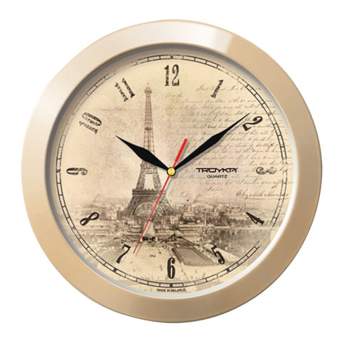 Часы настенные TROYKA 11135152, круг, бежевые с рисунком "Париж", бежевая рамка, 29х29х3,5 см